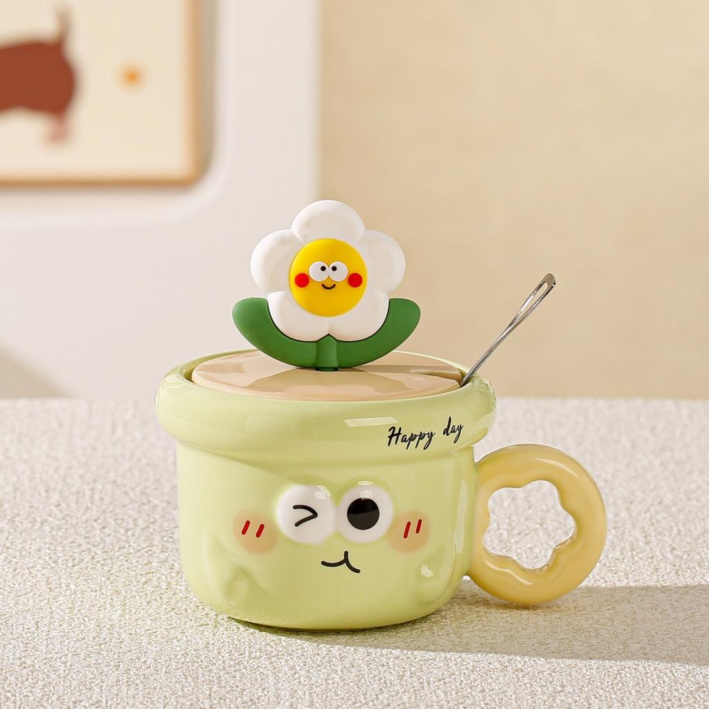New product with lid small flower ceramic cup with cute expression mug office high value large capacity cup girls gift