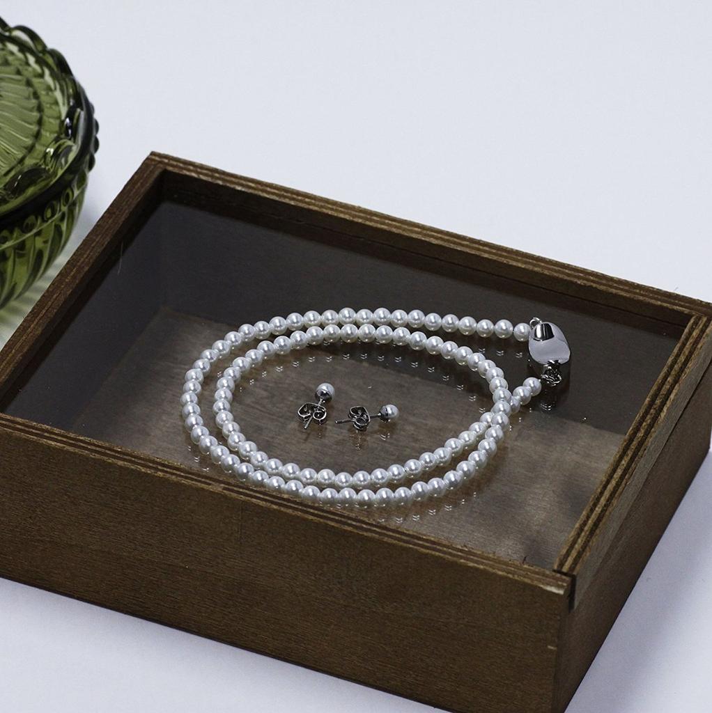 Набор Sakuya с жемчугом из ракушки, жемчужное ожерелье и серьги с шкатулкой для украшений, 4 мм x 42 см, Белый, Art-Set-442Whitep