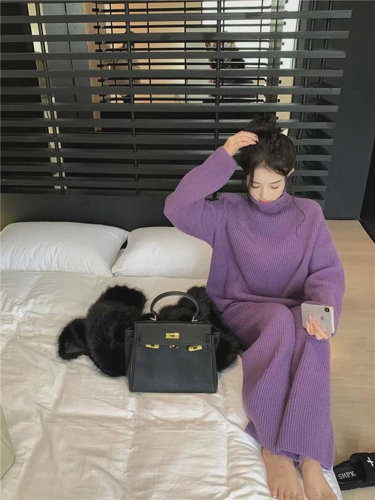 Women's Purple High-Collar Knit Sweater & Wide-Leg Pants Set - Trendy Two-Piece for Autumn/Winter