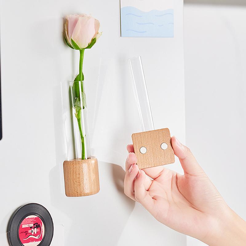 Originality Mini Magnetic Vase Cute Style Solid Wood Glass Test Tube Vase Flower Arrangement Fridge Magnet Decor Flower Vases