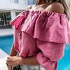 Блузка Рубашка Простой Дизайн Шикарный Однотонный Весна Лето Волан Открытые Плечи Женские Топы для Шопинга