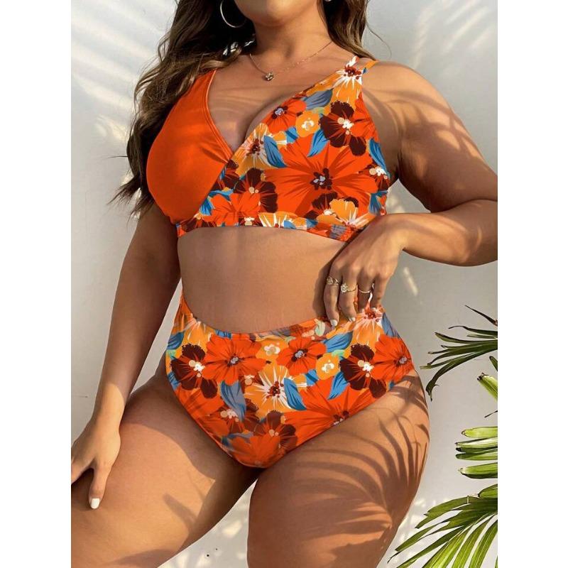 Europe and The United States New Women's Large Size Split Bikini Digital Printing Gather Fashion Swimsuit
