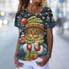 Fashion Cat T-Shirt Women's V Neck Tees Top Vintage Red Christmas Clothes Summer Chic Oversized Femele Clothing 2023 New Tee