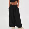Women Pants High Elastic Waist Drawstring Wide Leg Loose Deep Crotch Pleated Ankle-banded Pockets Solid Color Soft Lady Casual Trousers