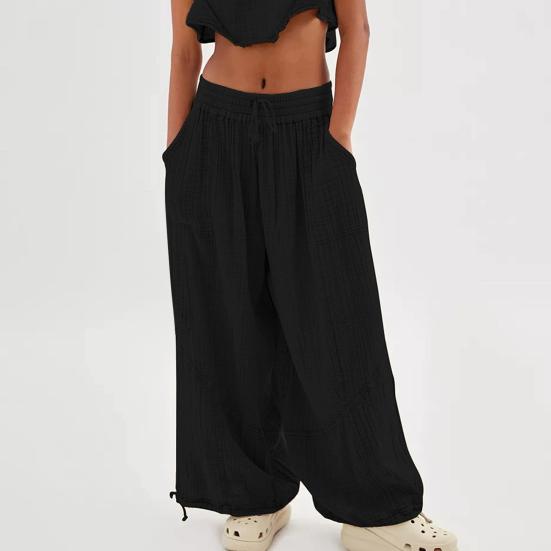 Women Pants High Elastic Waist Drawstring Wide Leg Loose Deep Crotch Pleated Ankle-banded Pockets Solid Color Soft Lady Casual Trousers