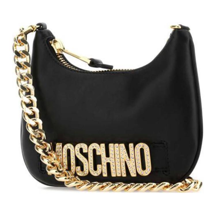 Moschino С логотипом Съемная цепочка-ручка Застежка-молния Сумка-тоут из телячьей кожи Наплечная сумка Женские сумки Черный A757980243555