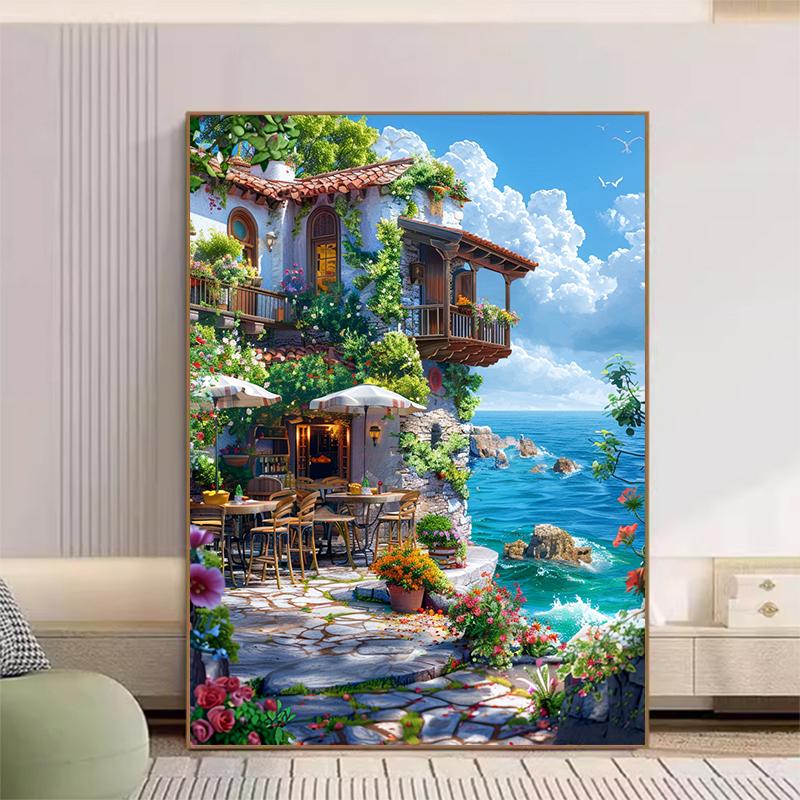 5d DIY Diamond Painting Cross Stitch Seaside Restaurant Scenery Diamond Embroidery Mosaic Full Round Drill Home Decor