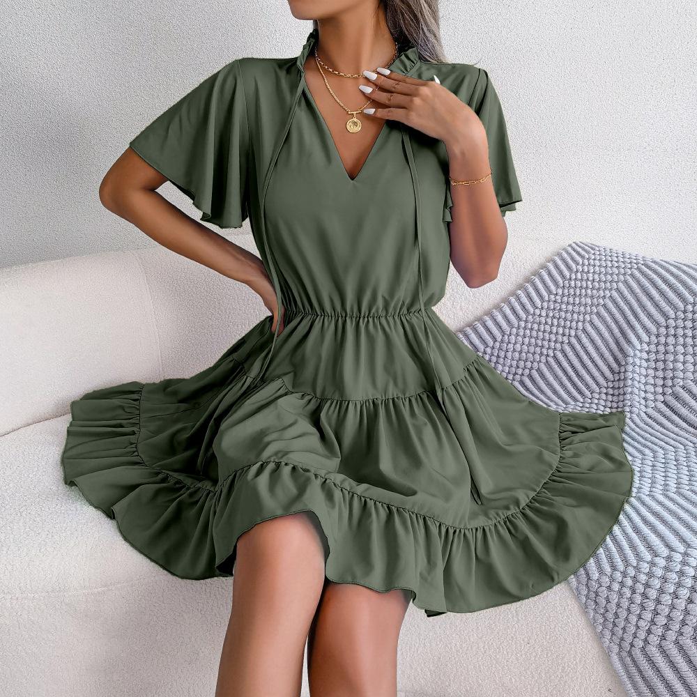 Весенне-летняя юбка с оборками, пояс-бабочка, платье А-силуэта, однотонные платья, модные женские платья