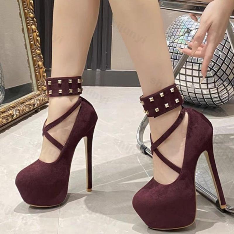 Fashion Women High Heel Fashion Metal Rivets Ankle Strap Platform Pumps Sandals Women Wedding Party Sexy Platform Stripper Design Shoes