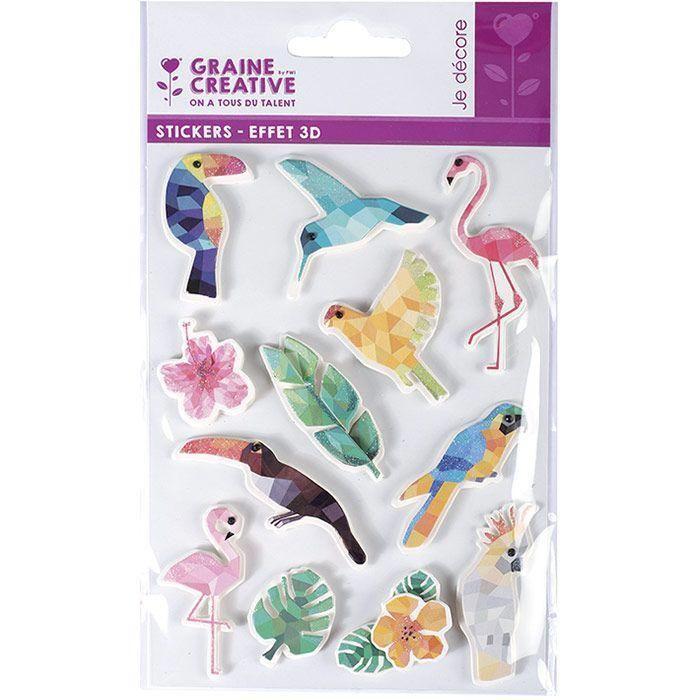 12 3D Stickers - Tropical Birds 6 Cm