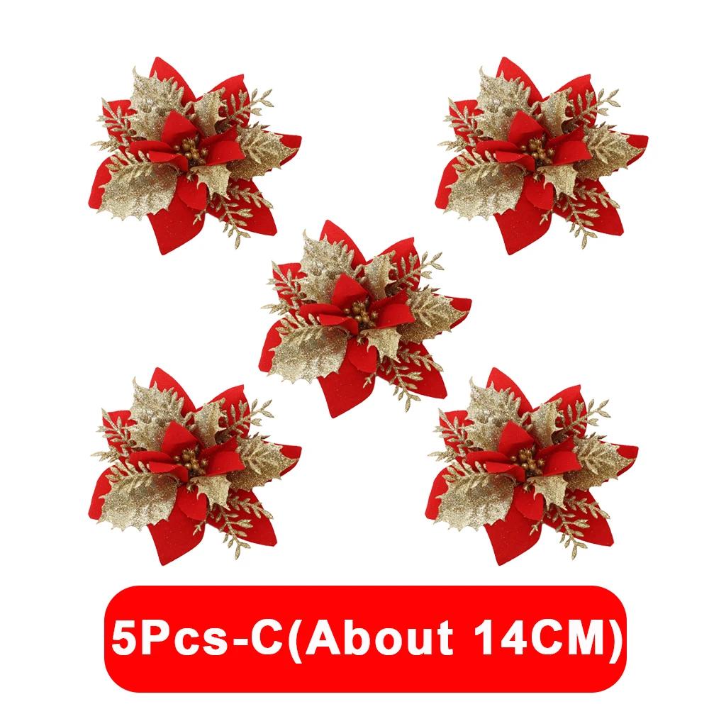 5/1Pcs Christmas Glitter Artificial Flowers DIY Christmas Tree Hanging Ornaments Fake Flower For Xmas New Year Party Decor Gifts
