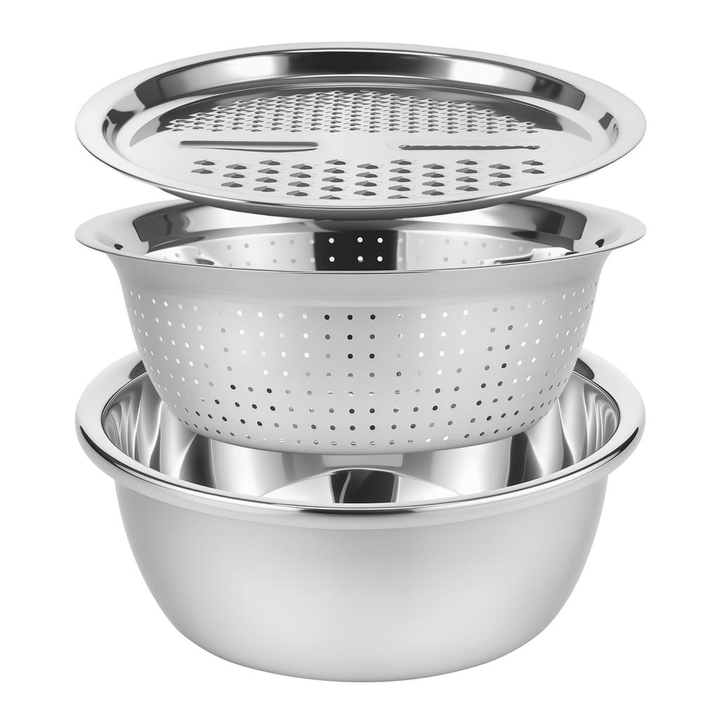 3Pcs Stainless Steel Basin with Grater Multifunctional Stainless Steel Basin Strainer Set Stackable Fruit Washing Bowl for Home