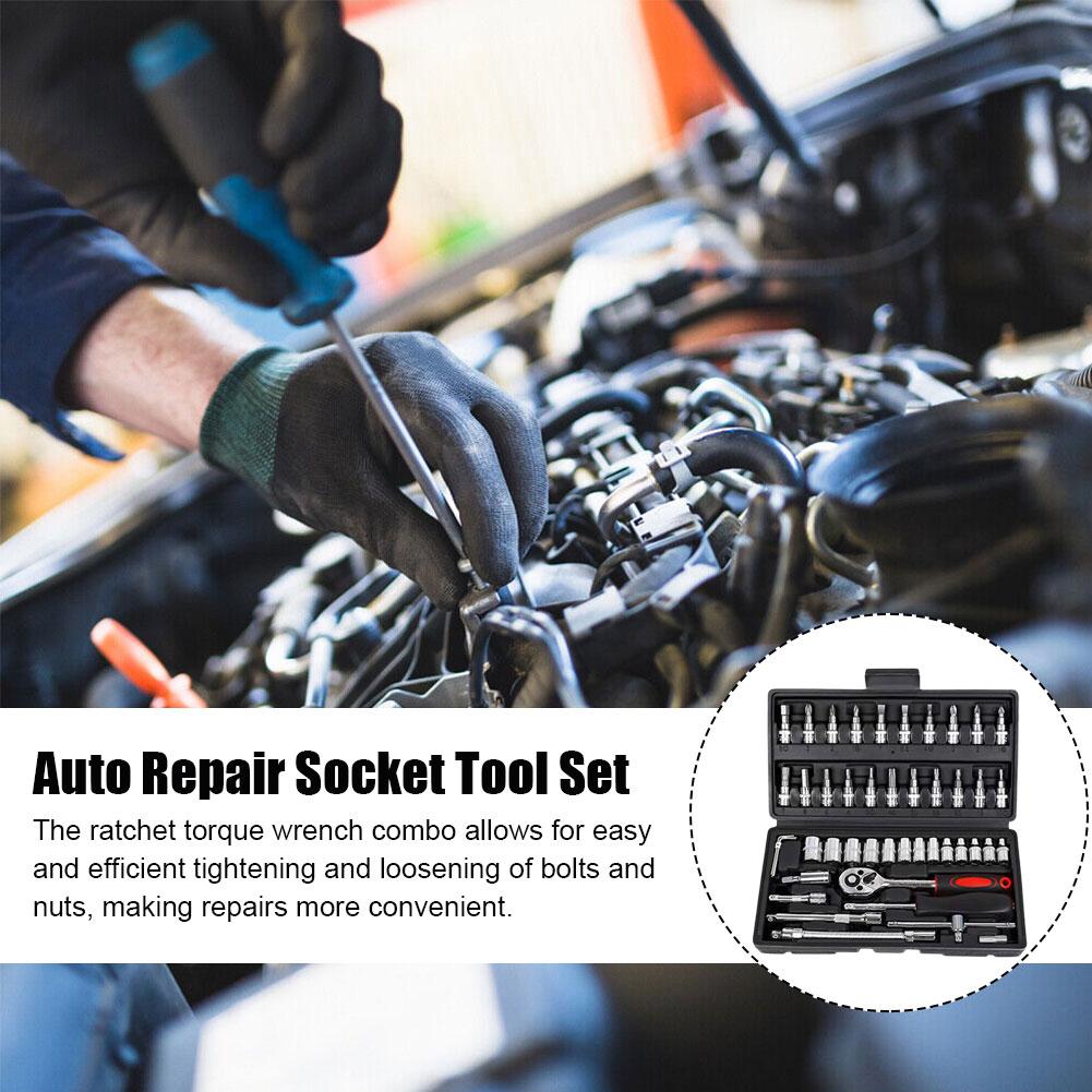 Набор инструментов для ремонта автомобиля, 46 предметов, набор торцевых головок 1/4 дюйма, набор инструментов для ремонта автомобиля, комбинированный динамометрический ключ с трещоткой, набор для ремонта автомобиля, инструменты для механика автомобиля