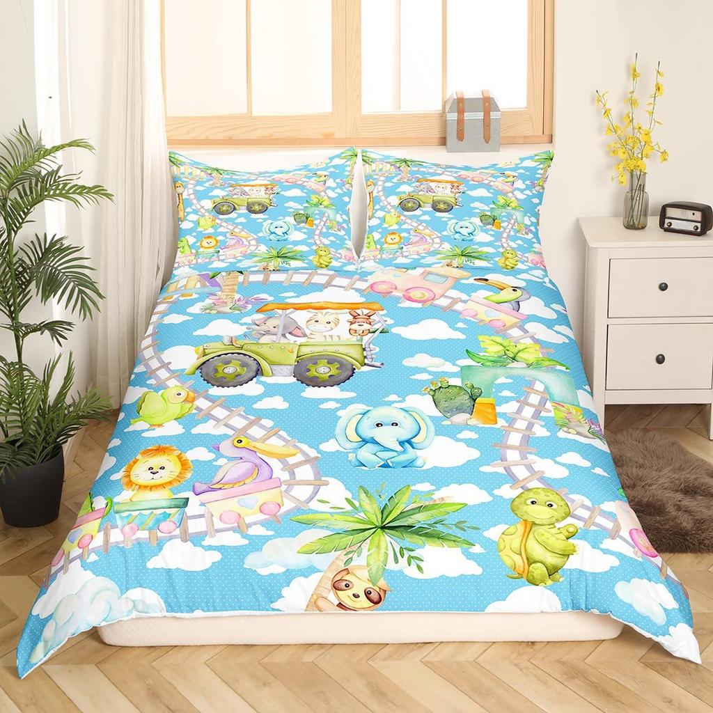 Children'S Train Theme Quilt Set Three-Piece Train Railway Track Duvet Set
