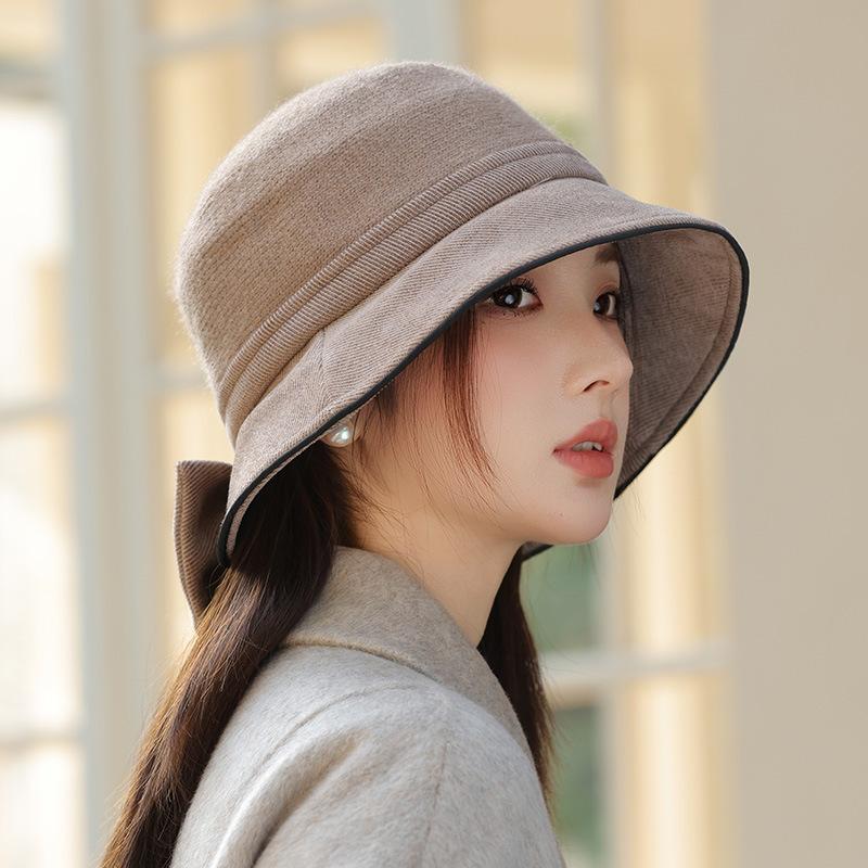 Новая осенне-зимняя шляпа для женщин с широкими полями, подчеркивающая маленькое лицо, шляпа-ведро в стиле ретро, корейская шляпа-панама с бантом