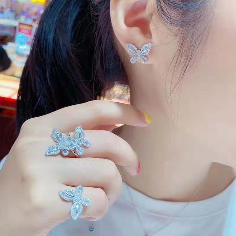 Fashion Fairy Full Diamond Pt950 Butterfly Pendant, Simulated Zircon Ring Stud Earrings Set