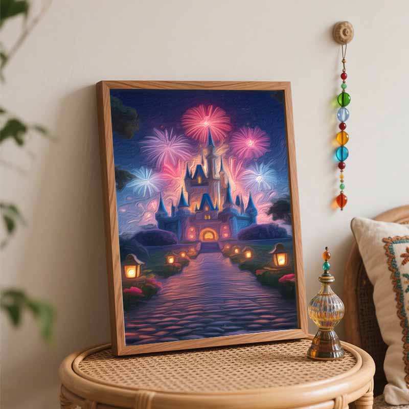 Disney Ночной вид на Замок Фейерверков Набор для Живописи Маслом Ручная Роспись. Подарок домашнего декора