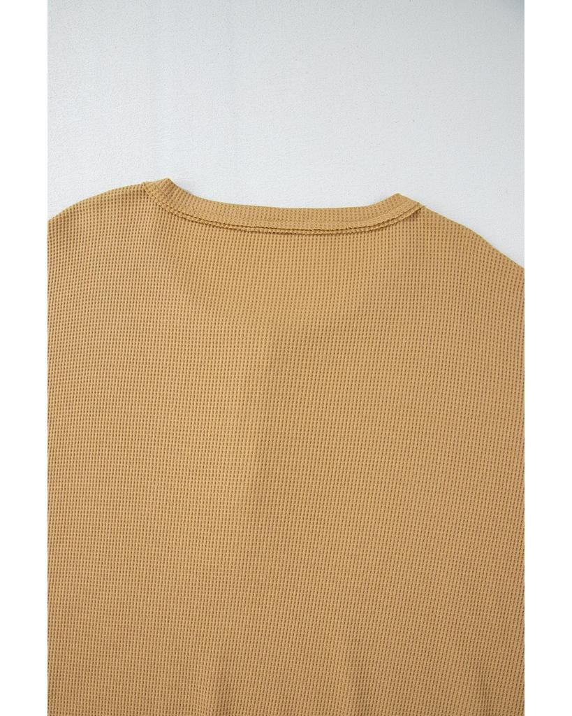 Azura Exchange Camel Textured Knit Half Button Drop Shoulder Oversized Top