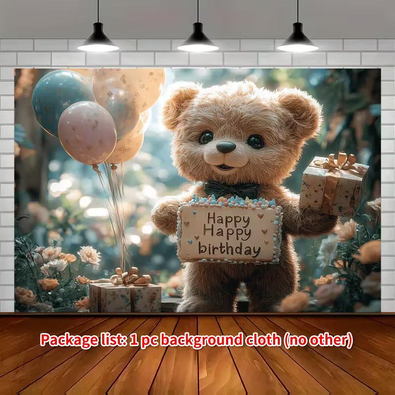 2D Flat Print Teddy Bear Birthday Photography Backdrop for Baby Shower & Kids Party