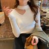 Spring Autumn Women Sweater Halter Neck Design Hollow Out Solid Color Long Sleeve Slim Bottoming Knitted Tops