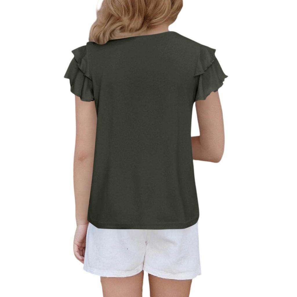 Girls' Ruffled Tee - Solid Color Short Sleeve Casual Top