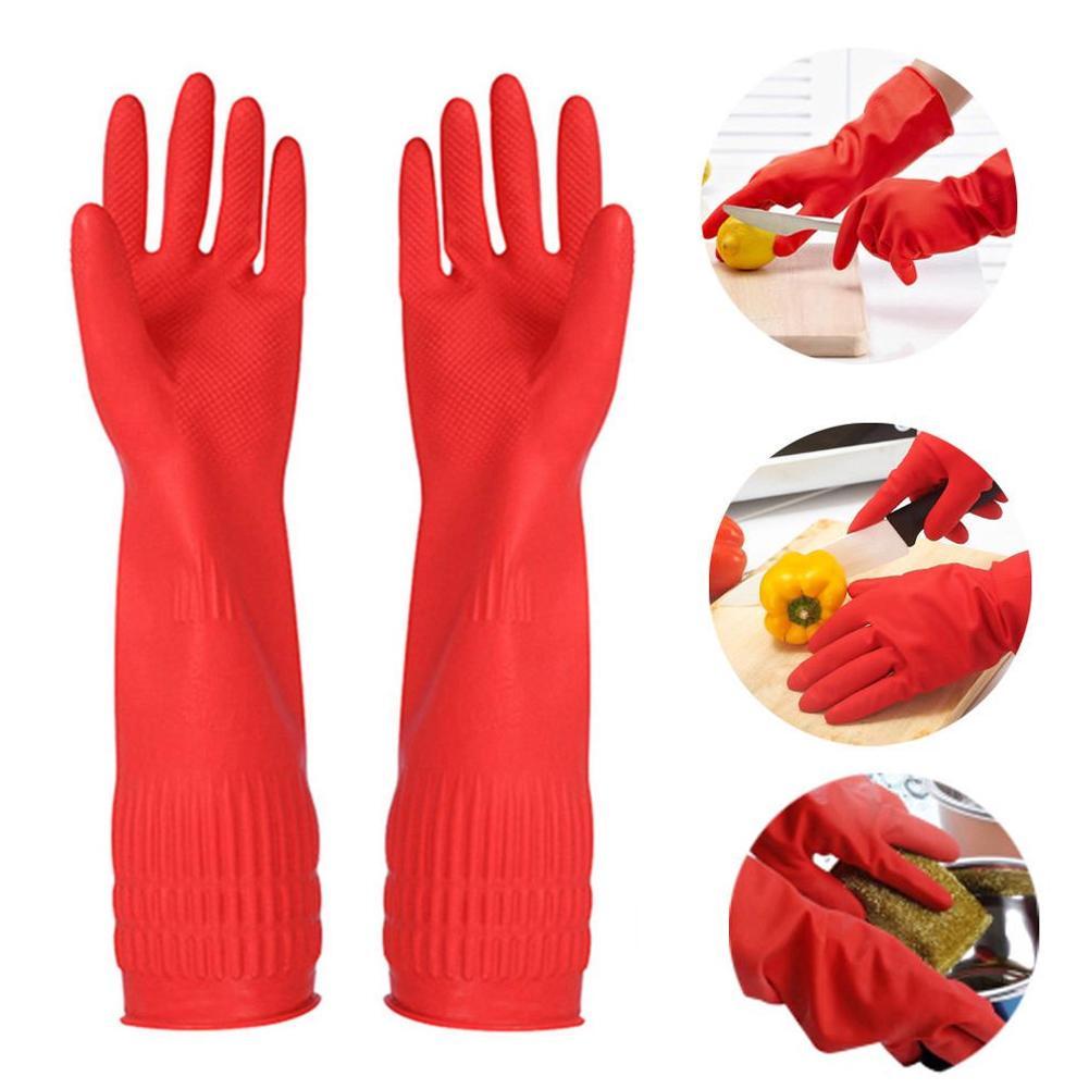 1Pair Red Gloves Washing Dishes Cleaning Waterproof Rubber Sleeve Gloves Latex Long Gloves Kitchen Tool Hands Protection