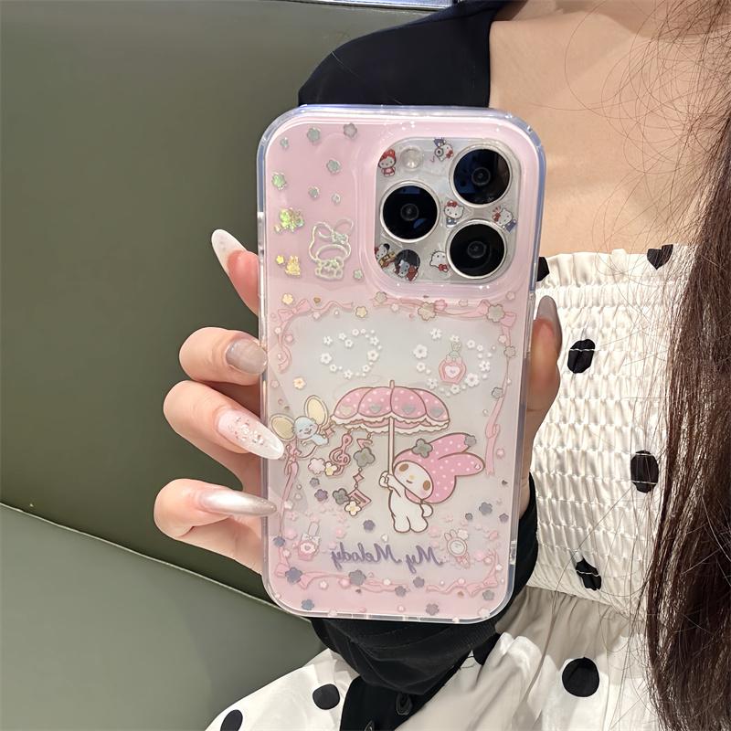 New My Melody Kawaii Glitter Phone Case With Wrist Strap For iPhone 15 16 17 Pro Max INS Pink Cute Shockproof Protective Cover