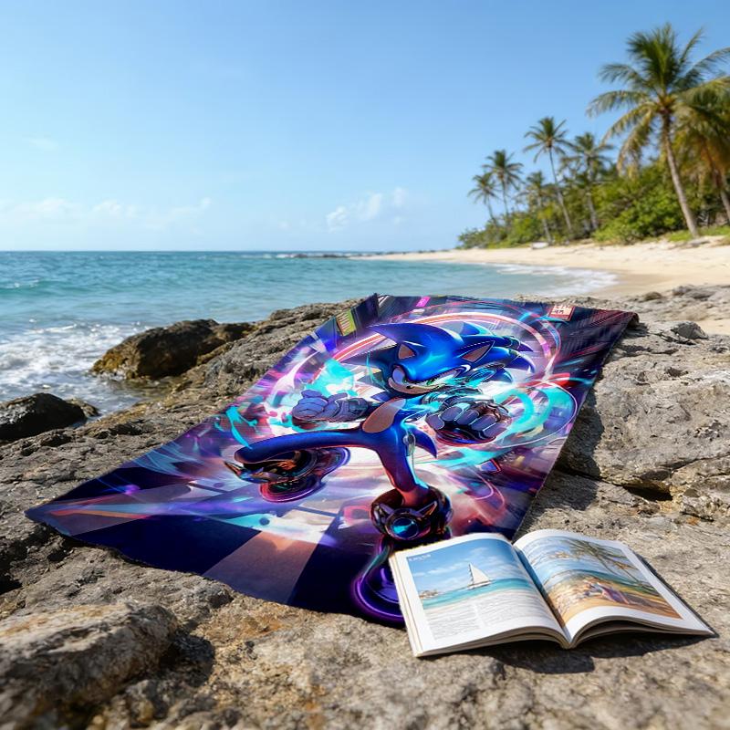 1pc Sonic1 Beach Towel, Beach and Seaside Swimming Pool Equipment, Fashion Pattern, Rectangular, Travel Essentials
