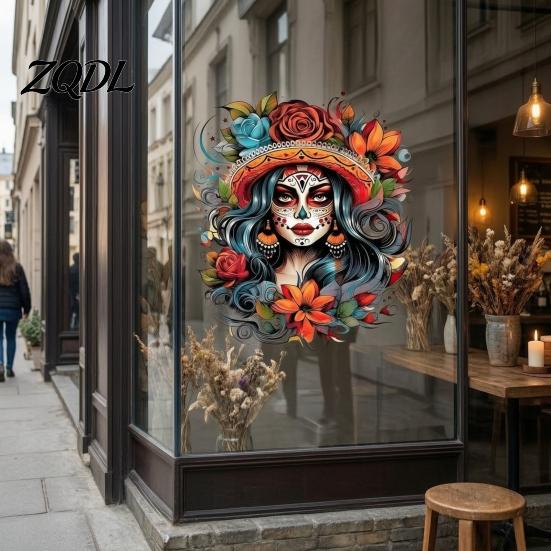 Colorful Floral Skull Window Art Day of The Dead Women Static Stickers, Woman Easy Peel And Stick Glass Stickers Decals, Waterproof PVC Decorative
