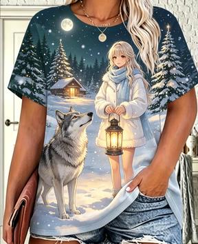 Women Christmas Pet Dog T‑Shirt, Girl With Golden Retriever Winter Snow Scene Graphic Casual Short Sleeve Holiday Daily Tee