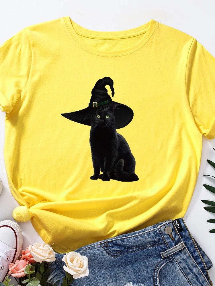 Волшебная шляпа с принтом черного кота женская футболка с коротким рукавом и круглым вырезом свободная футболка женская футболка топы camisetas mujer