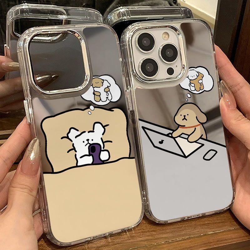Чехол для телефона со зеркалом для макияжа для iPhone 17 17E 16E 17 Air 16 15 14 13 12 11 ProMax Plus Задняя крышка с шифоновой текстурой Креативный Кот Собака