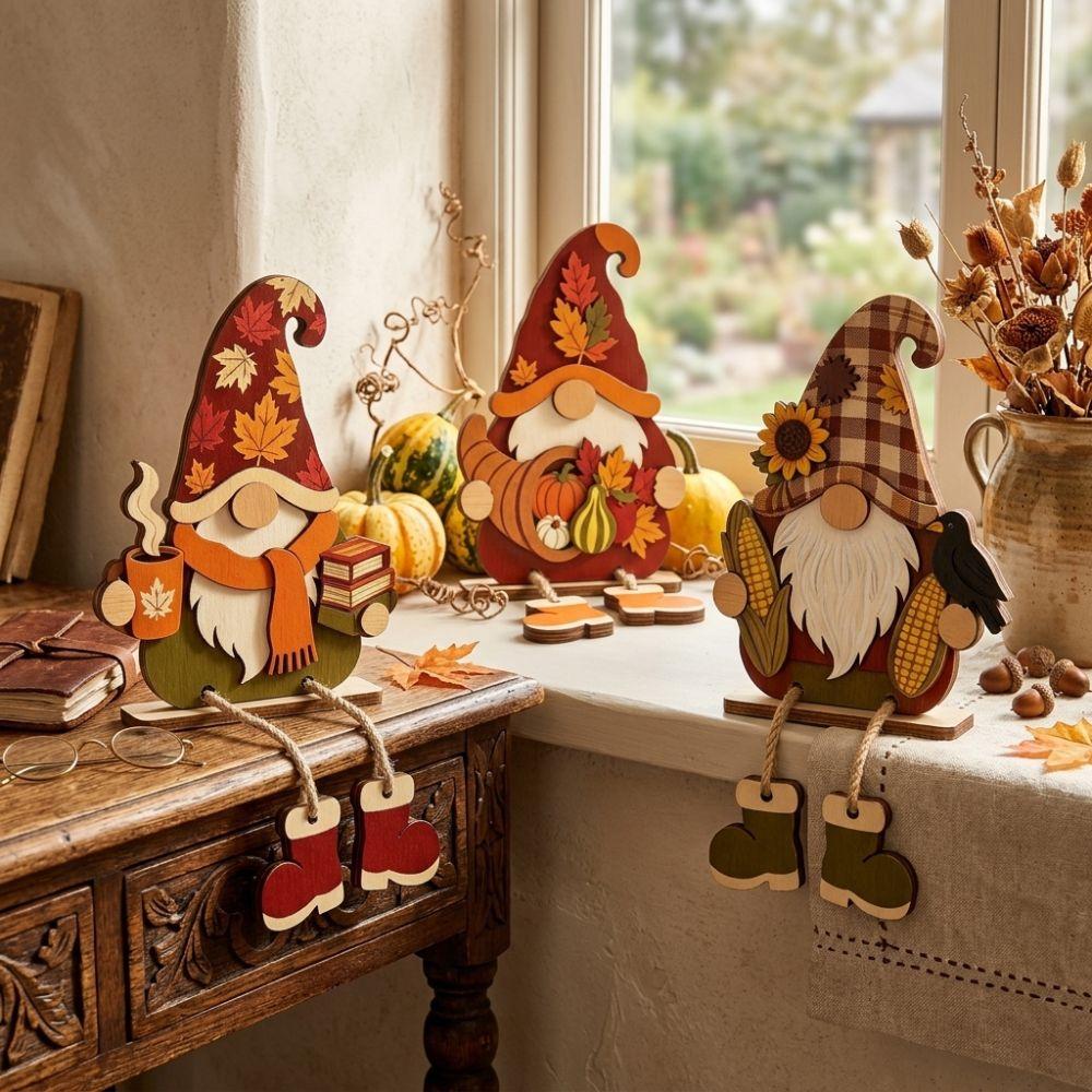 3Pcs 2D Flat Wooden Halloween Dwarf Ornament Autumn Standing Table Sign Harvest Season