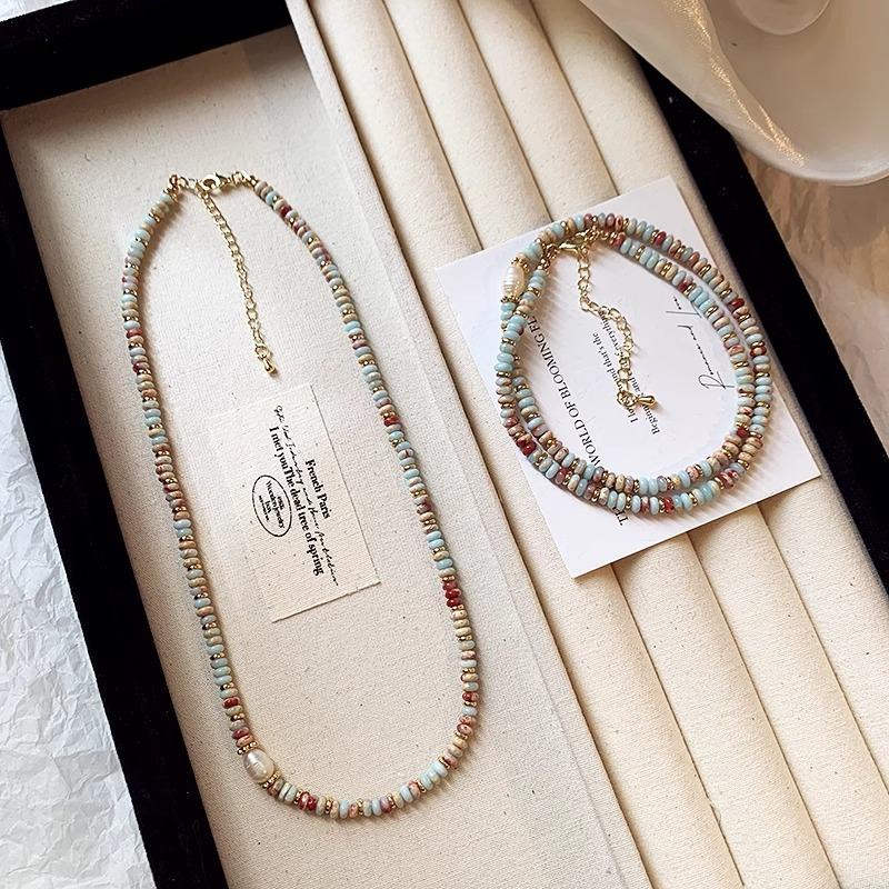 Ожерелье из камня Шоушань и пресноводного жемчуга, Браслет с мозаичным узором из бусин-счетчиков из камня «Змеиная кожа», Художественная ретро-цепочка-ожерелье