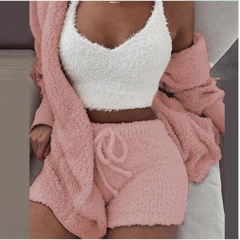 Women's Winter Plush Home Clothes Casual 2-Piece Pajamas Long-Sleeved Shorts Sports Suit for Women
