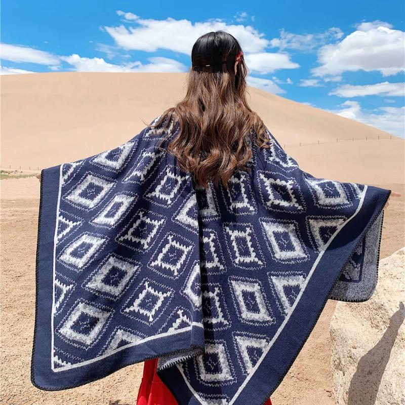 21 Style Big Pendulum Cloak With Hat Arabic Poncho Women Leopard Pocket Shawl Cape Knitted Middle East Split Thick Warm Blanket