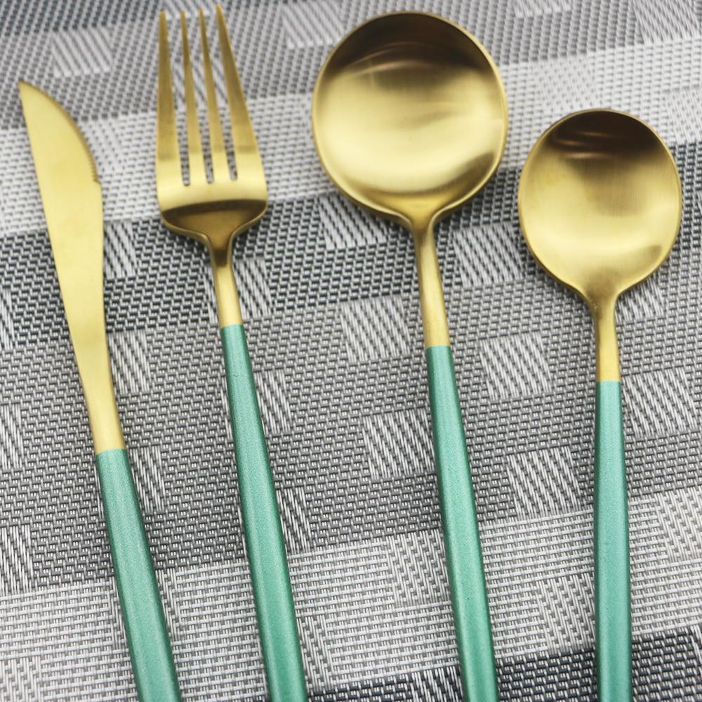1pcs Green Metal Dinnerware Reusable Gold Flatware 304 Stainless Steel Cutlery Knife Fork Spoon Dessert Tea Kitchen Tableware