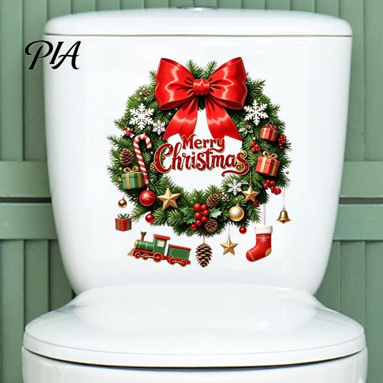 Holiday Party Bathroom Supplies Christmas Wreath Toilet Decal, Merry Bow Seat Sticker, Home Decoration Items Waterproof Lid Tank Decals, Self-Adhesive
