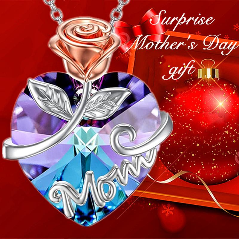 Fashion MOM Necklace Rose Heart Crystal Pendant Engagement Necklaces For Women MOM Jewelry Accessories Birthday Anniversary Gift