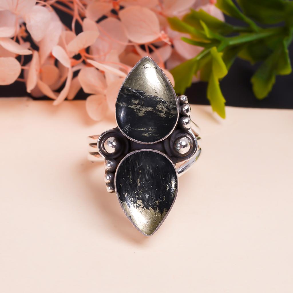 Золото Целителя Пирит в Магнетите Драгоценный камень Кольцо из серебра 925 пробы V9392, Черно-золотое кольцо, Кольцо-груша, Подарок на День святого Валентина, Подарок для нее, ДР