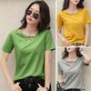 Women Solid Color V Neck Short Sleeve Loose T-shirt Summer Casual Blouse Tee Top
