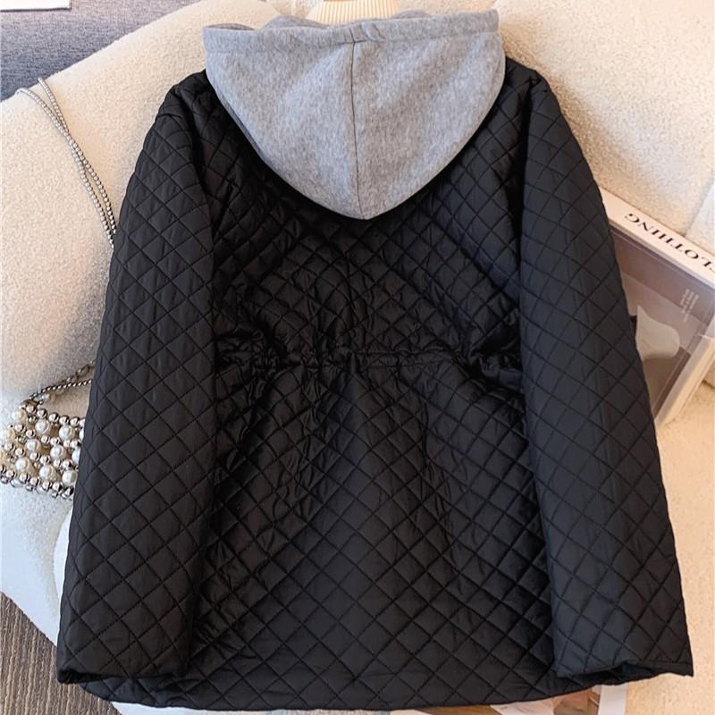 Women's Casual Hooded Coat Fashionable Colorblock Argyle Pattern Hooded Coat Drawstring Waist Zip Up Outwear with Pockets
