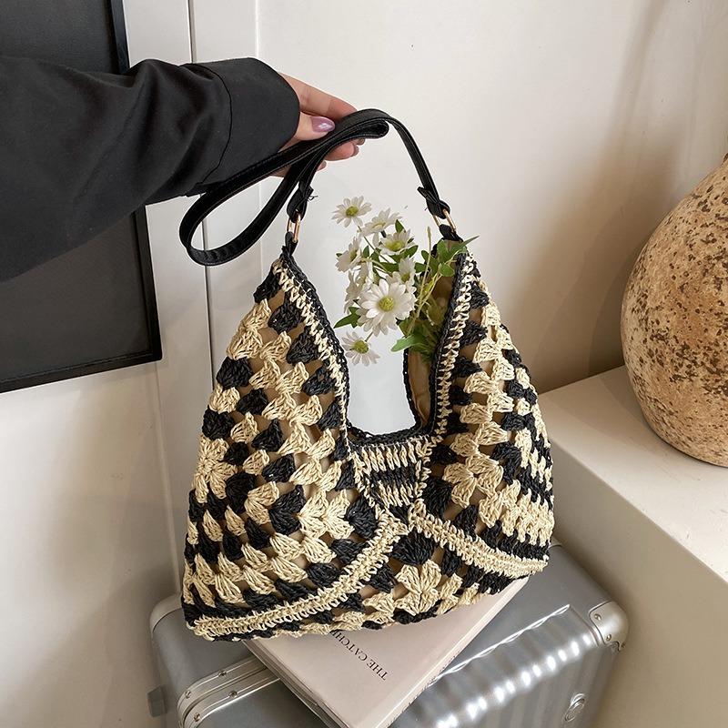 Summer Straw Woven Bag Women's New Seaside Vacation Beach Hollow Shoulder Tote Bag Woven Bag