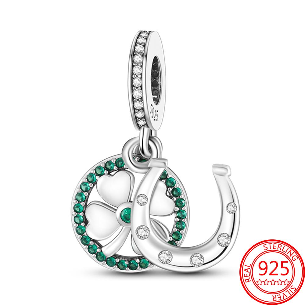 Original S925 Silver Fit Fashion Bracelet Charm Murano Glass Beads Ladybird Four Leaf Clover Pendant Jewelry Gift Accessories