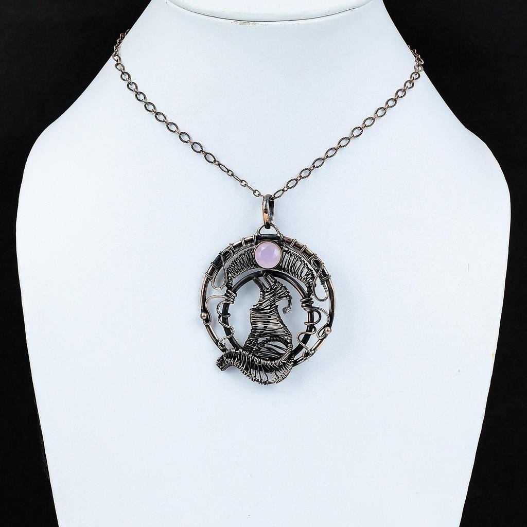 Граненый розовый халцедоновый кулон, медная проволока, кулон, кулон с собакой, кулон с драгоценным камнем, медный ювелирный подарок для мамы, изящный кулон ручной работы