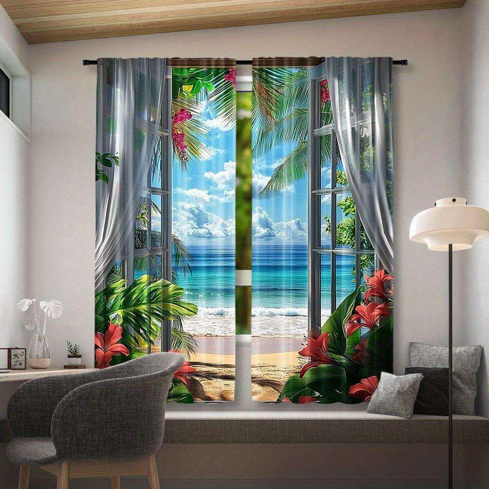 2 pieces of modern landscape printing curtain-rod pocket design easy to hang window curtain for home decoration