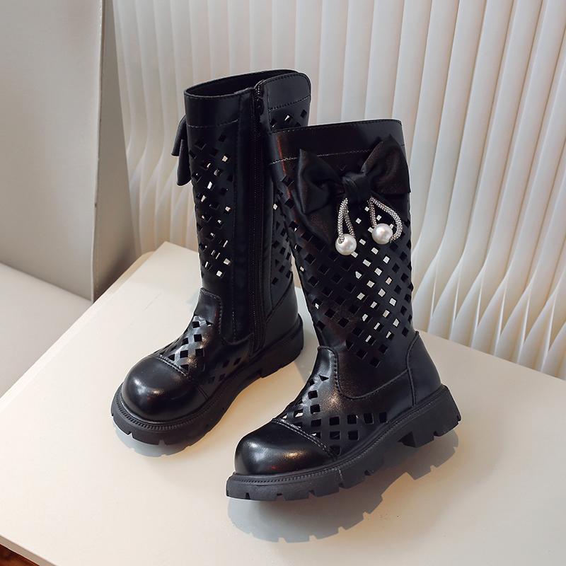 Children Chain High Boots Summer Girls Hollow Princess Boots with Bow-knot Kids Fashion Fashion PU Boots Side Zip Low Heels