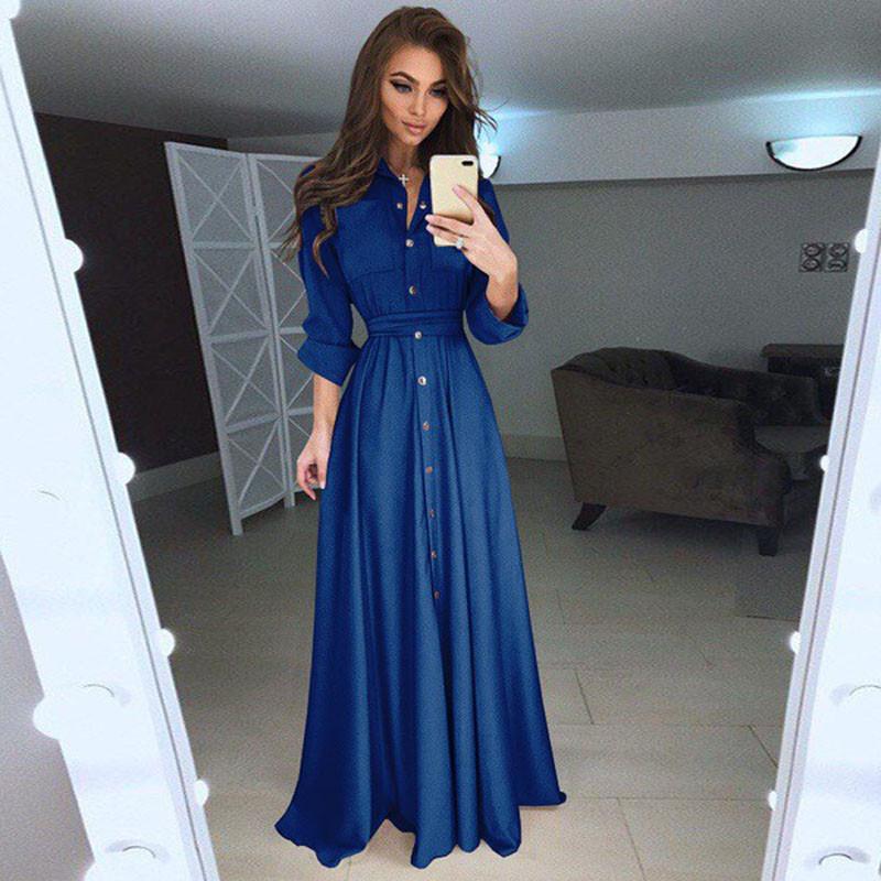 Sleeve Long Women Button Dowm Maxi Dress Evening Party Casual Dress Shirt