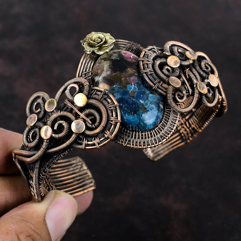 Copper Watermelon Tourmaline Bangle Copper Wire Wrapped Gemstone Cuff Bracelet Handmade Adjustable Bangle Gift For Her Flower Copper Jewelry