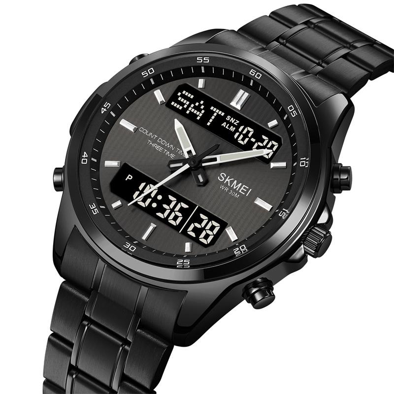 Skmei Mens Quartz Analog Bracelet Watches Luxury Stainless Steel Strap Led Waterproof Digital Sports Three Time Zone Alarm Clock